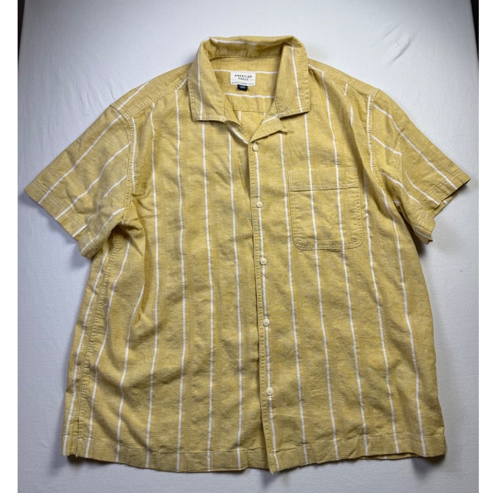 American Eagle Mens Large Yellow Striped Linen Blend Camp Shirt-2624